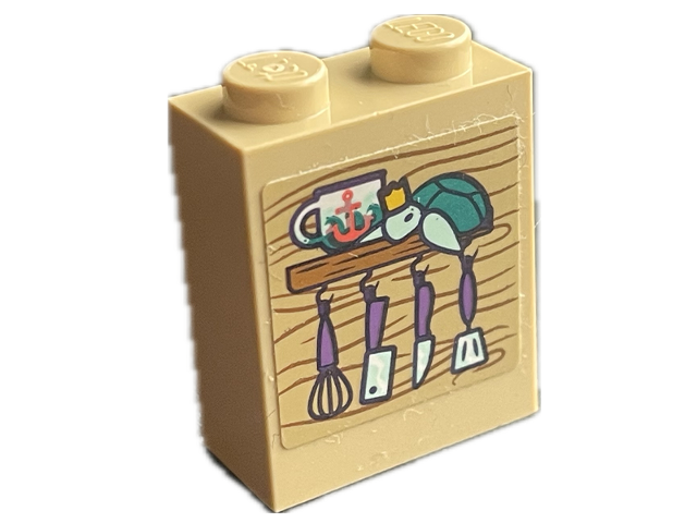 Brick 1 x 2 x 2 with Inside Stud Holder with Medium Nougat Shelf and Wood Grain, Dark Turquoise Turtle, White Cup with Coral Anchor, and Medium Lavender Kitchen Utensils Pattern (Sticker) - Set 41716