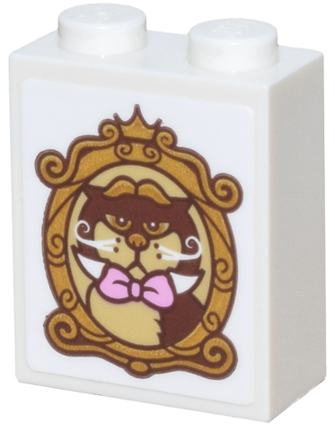 Brick 1 x 2 x 2 with Inside Stud Holder with Portrait of Reddish Brown and Tan Cat, White Whiskers and Bright Pink Bow in Gold Ornate Oval Frame Pattern (Sticker) - Set 43275