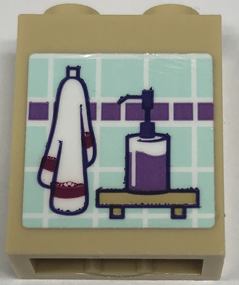 Brick 1 x 2 x 2 with Inside Stud Holder with White Towel, Soap Dispenser on Shelf and Light Aqua and Medium Lavender Tiles Pattern (Sticker) - Set 41679