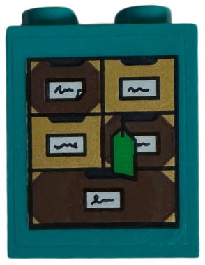 Brick 1 x 2 x 2 with Inside Stud Holder with Reddish Brown and Gold Apothecary Drawers with White Labels and Bright Green Tag Pattern (Sticker) - Set 75684