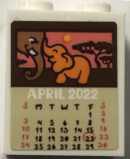 Brick 1 x 2 x 2 with Inside Stud Holder with Elephants on 'APRIL 2022' Calendar Page Pattern (Sticker) - Set 41717