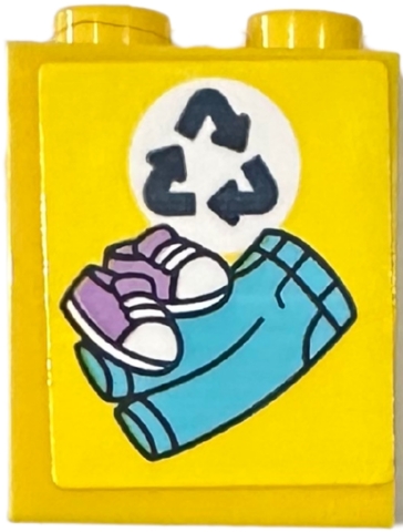 Brick 1 x 2 x 2 with Inside Stud Holder with Black Recycling Arrows in White Circle, Medium Lavender Shoes, and Medium Azure Jeans Pattern (Sticker) - Set 42614