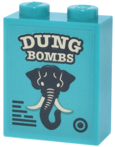 Brick 1 x 2 x 2 with Inside Stud Holder with Tan and Black 'DUNG BOMBS' and Elephant Pattern (Sticker) - Set 76457