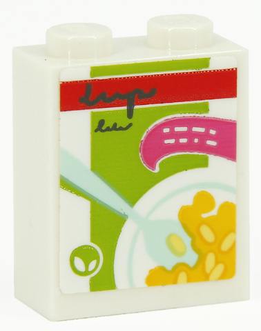 Brick 1 x 2 x 2 with Inside Stud Holder with Food Packaging Box, Bowl, Cereal on Spoon, Red Stripe and Lime Background Pattern (Sticker) - Set 41704