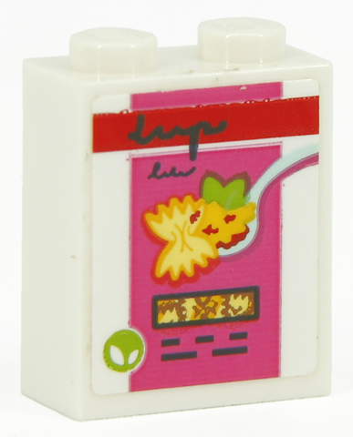 Brick 1 x 2 x 2 with Inside Stud Holder with Food Packaging Box, Farfalle Pasta on Spoon, Red Stripe and Dark Pink Background Pattern (Sticker) - Set 41704