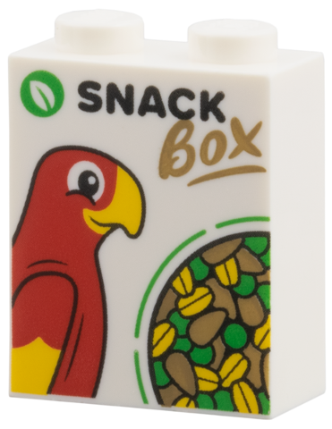 Brick 1 x 2 x 2 with Inside Stud Holder with Green Leaf, Red Parrot, Seeds, Black 'SNACK', Dark Tan 'BOX' Pattern
