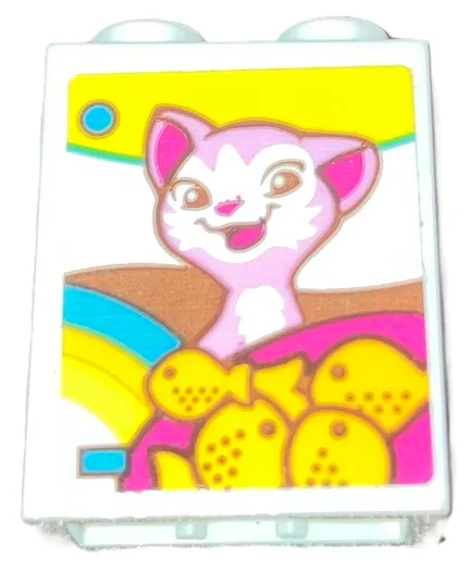 Brick 1 x 2 x 2 with Inside Stud Holder with Dark Pink Cat, Medium Azure and Yellow Stripes and Fish in Magenta Bowl Pattern (Sticker) - Set 41742
