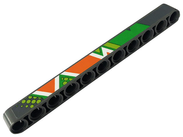 Technic, Liftarm Thick 1 x 11 with Bright Green, Lime, Orange and White Diagonal Stripes, Triangles and Dots Pattern Model Left Side (Sticker) - Set 42129