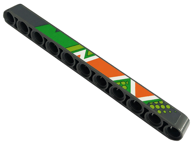 Technic, Liftarm Thick 1 x 11 with Bright Green, Lime, Orange and White Diagonal Stripes, Triangles and Dots Pattern Model Right Side (Sticker) - Set 42129
