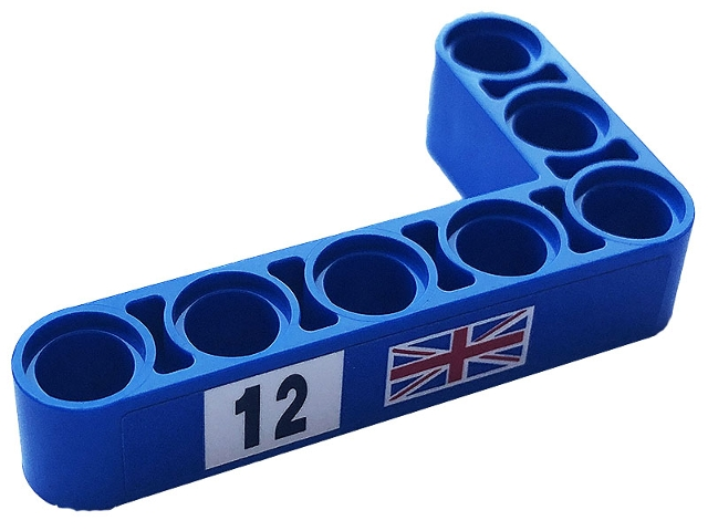 Technic, Liftarm, Modified Bent Thick L-Shape 3 x 5 with Black Number 12 on White Background and United Kingdom Flag Pattern Model Left Side (Sticker) - Set 42123