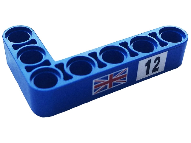 Technic, Liftarm, Modified Bent Thick L-Shape 3 x 5 with Black Number 12 on White Background and United Kingdom Flag Pattern Model Right Side (Sticker) - Set 42123