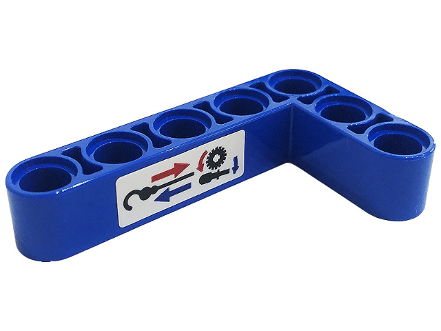 Technic, Liftarm, Modified Bent Thick L-Shape 3 x 5 with Black Hook, Blue and Red Arrows and Gear on White Background Pattern (Sticker) - Set 42128