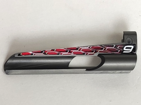 Technic, Panel Fairing # 7 Small Long, Large Hole, Side A with '9' and White, Black and Red Pattern (Sticker) - Set 8470