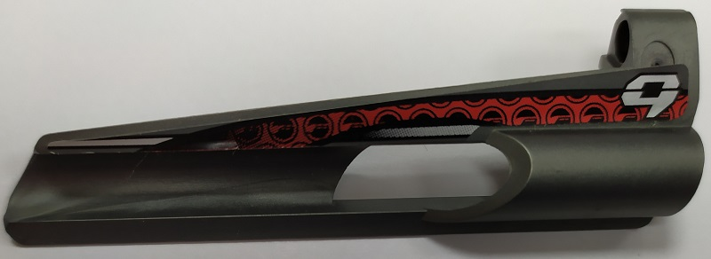 Technic, Panel Fairing # 7 Small Long, Large Hole, Side A with Stylized Silver Number 9 and Black and Red Pattern (Sticker) - Set 8353