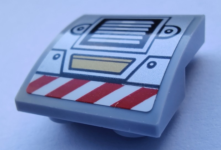 Slope, Curved 2 x 2 x 2/3 Inverted with Silver Air Vent, Rivets and Red and White Danger Stripes Pattern Model Top (Sticker) - Set 80012