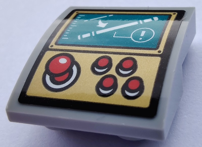 Slope, Curved 2 x 2 x 2/3 Inverted with 4 Red Buttons, Joystick, White Stick and Exclamation Mark on Dark Turquoise Display Pattern (Sticker) - Set 80012