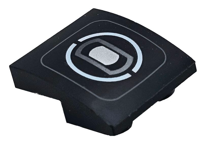 Slope, Curved 2 x 2 x 2/3 Inverted with Thin Dark Bluish Gray Rounded Square, White Split Circle, and Silver Headlight Pattern