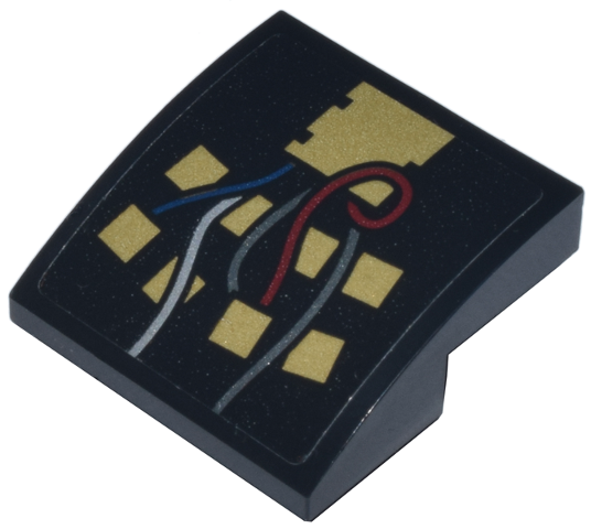 Slope, Curved 2 x 2 x 2/3 Inverted with Gold Squares and Dark Red, Dark Blue, Silver, and Dark Silver Wires Pattern Model Right Side (Sticker) - Set 75398