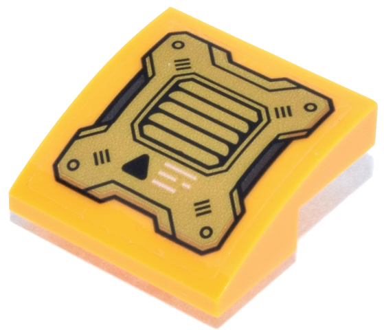 Slope, Curved 2 x 2 x 2/3 Inverted with Black, Gold and Dark Bluish Gray Mechanical Panel with Vent, Triangle and White Lines Pattern (Sticker) - Set 71837