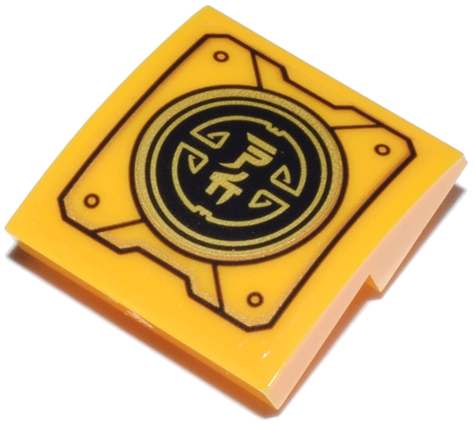 Slope, Curved 2 x 2 x 2/3 Inverted with Mechanical Panel with Ninjago Logogram Letter N and C on Black and Gold Circle Pattern (Sticker) - Set 71837