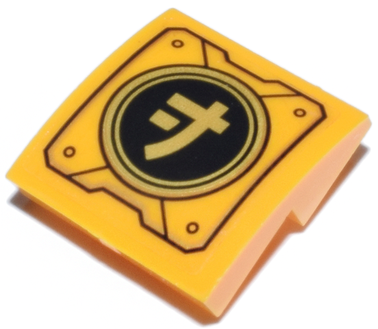 Slope, Curved 2 x 2 x 2/3 Inverted with Mechanical Panel with Ninjago Logogram Letter J on Black and Gold Circle Pattern (Sticker) - Set 71837