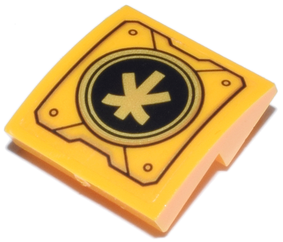 Slope, Curved 2 x 2 x 2/3 Inverted with Mechanical Panel with Ninjago Logogram Letter K on Black and Gold Circle Pattern (Sticker) - Set 71837