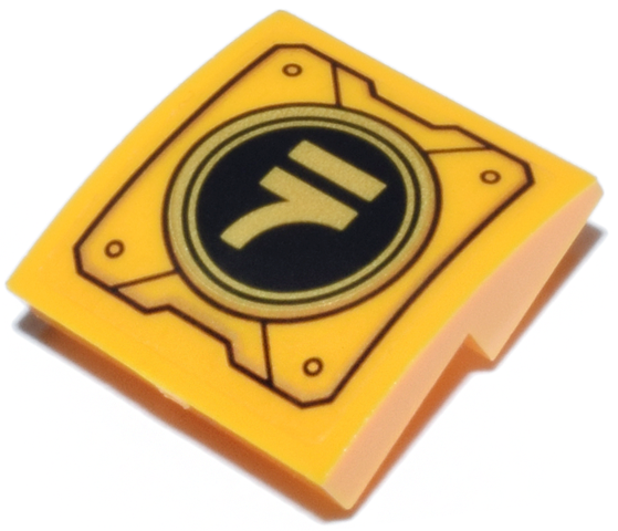 Slope, Curved 2 x 2 x 2/3 Inverted with Mechanical Panel with Ninjago Logogram Letter N on Black and Gold Circle Pattern (Sticker) - Set 71837