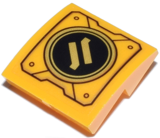 Slope, Curved 2 x 2 x 2/3 Inverted with Mechanical Panel with Ninjago Logogram Letter Z on Black and Gold Circle Pattern (Sticker) - Set 71837