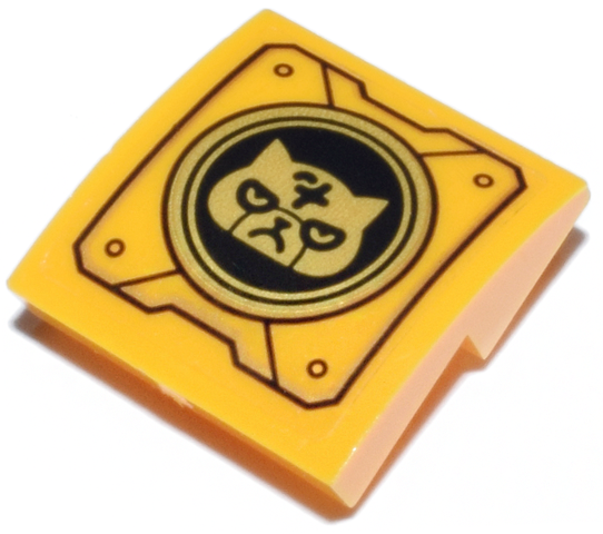 Slope, Curved 2 x 2 x 2/3 Inverted with Mechanical Panel with Cat Head with Ninjago Logogram Letter S on Black and Gold Circle Pattern (Sticker) - Set 71837