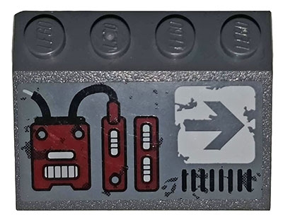 Slope 33 3 x 4 with Dark Red Mechanical Panels and Dark Bluish Gray Arrow on White Background Pattern Model Right Side (Sticker) - Set 70009