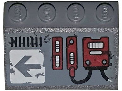 Slope 33 3 x 4 with Dark Red Mechanical Panels and Arrow on Worn White Background Pattern Model Left Side (Sticker) - Set 70009