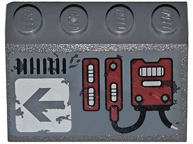 Slope 33 3 x 4 with Dark Red Mechanical Panels and Arrow on Worn White Background Pattern Model Left Side (Sticker) - Set 70009