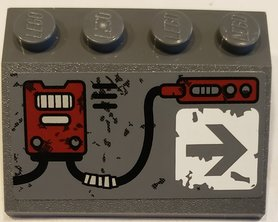 Slope 33 3 x 4 with Dark Red Mechanical Panels and Arrow on Worn White Background Pattern Model Right Side (Sticker) - Set 70009