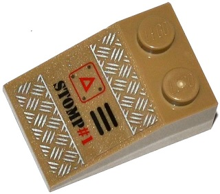 Slope 33 3 x 2 with Tread Plates, Grille, Red Triangle and 'STOMP #1' Pattern Model Left Side (Sticker) - Set 70161