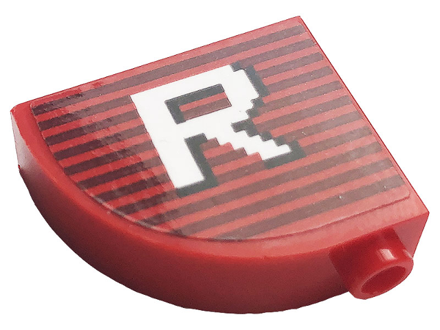 Slope, Curved 3 x 1 x 2 with Hollow Stud with Gray Stripes and White Letter 'R' Pattern (Sticker) - Set 10272