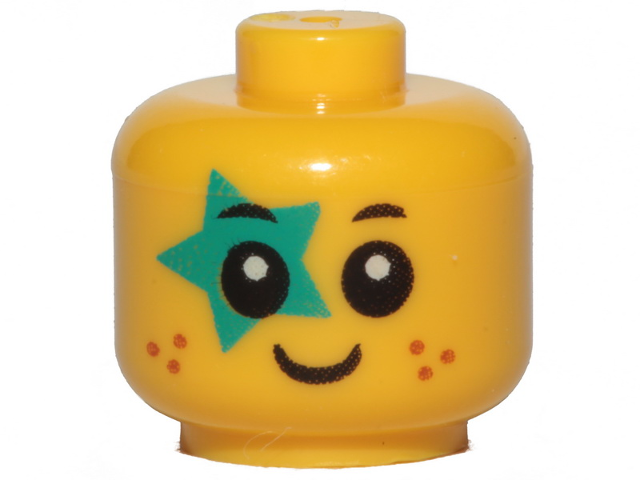 Minifigure, Baby / Toddler Head with Neck with Black Eyes, White Pupils, Dark Orange Freckles, Smile, and Dark Turquoise Star Pattern