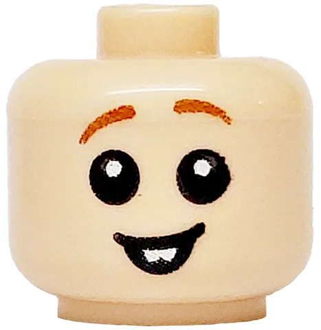 Minifigure, Baby / Toddler Head with Neck with Black Eyes, Open Mouth Smile with White Teeth and Dark Orange Eyebrows Pattern