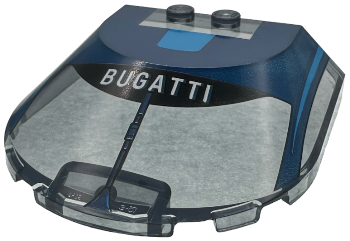 Windscreen 6 x 6 x 1 1/3 Curved with White 'BUGATTI' on Black Panel, Dark Blue Wiper and Roof with Dark Azure Stripes Pattern