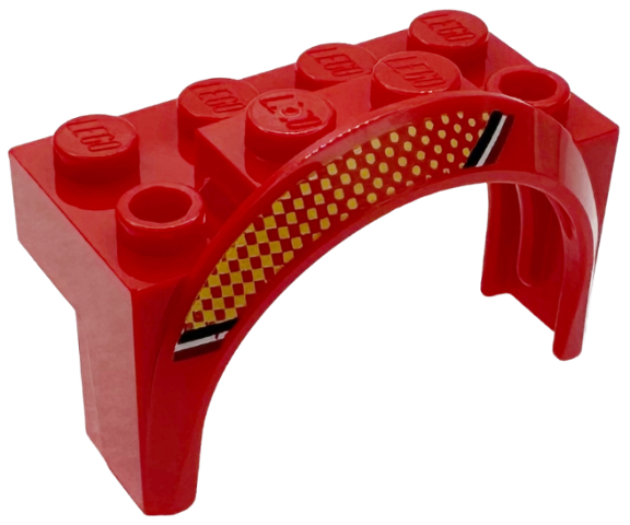 Vehicle, Mudguard 4 x 2 1/2 x 2 with Arch Round with Black, White and Dark Red Stripes, Bright Light Orange Dots and Checkered Pattern Model Left Side