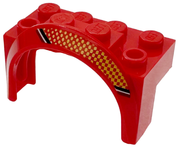 Vehicle, Mudguard 4 x 2 1/2 x 2 with Arch Round with Black, White and Dark Red Stripes, Bright Light Orange Dots and Checkered Pattern Model Right Side