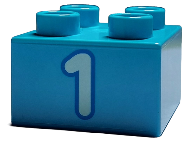 Duplo, Brick 2 x 2 with Light Aqua Number 1 with Dark Azure Outline Pattern
