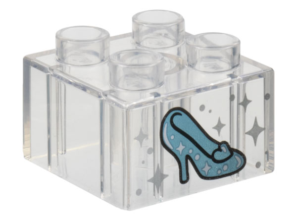 Duplo, Brick 2 x 2 with Metallic Light Blue Shoe with Heel and Heart, Silver Sparkles and Dots Pattern (Cinderella Glass Slipper)