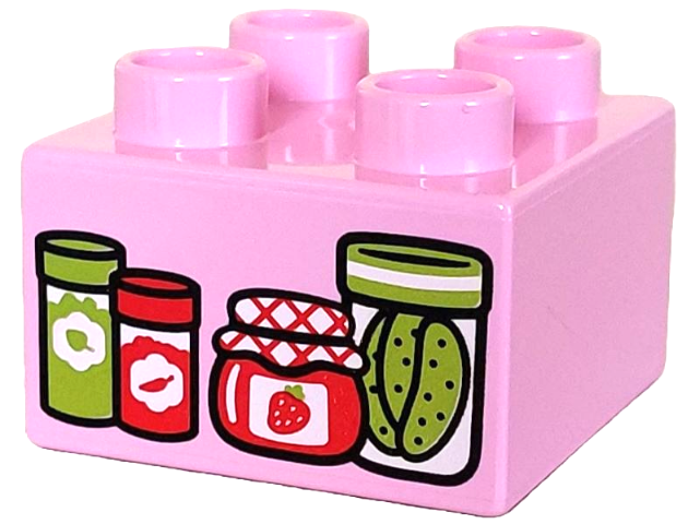 Duplo, Brick 2 x 2 with Lime and Red Jars with Herbs, Strawberry Jelly and Pickles Pattern