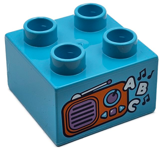 Duplo, Brick 2 x 2 with Orange and Medium Lavender Radio, Black Music Notes and White 'ABC' Pattern