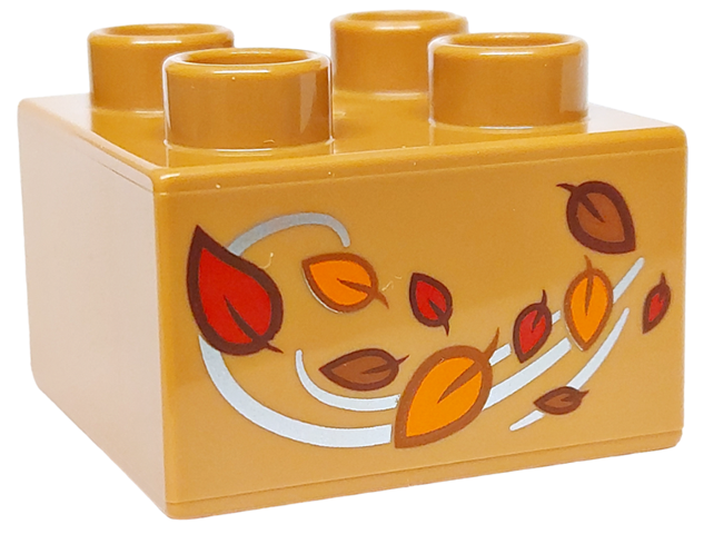 Duplo, Brick 2 x 2 with Red, Orange and Reddish Brown Leaves and Silver Wind Swirls Pattern
