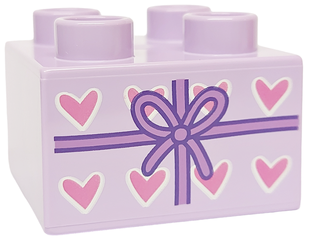 Duplo, Brick 2 x 2 with Present / Gift with Medium Lavender Ribbon with Bow and Dark Pink Hearts Pattern