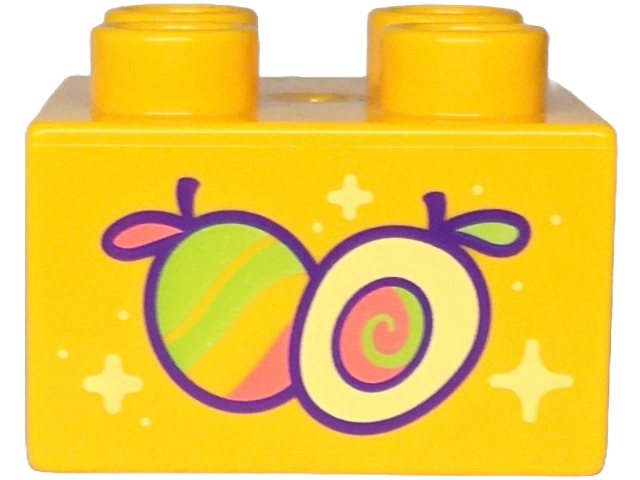 Duplo, Brick 2 x 2 with Lime, Coral and Bright Light Yellow Mangoes with Dark Purple Outlines and Sparkles Pattern