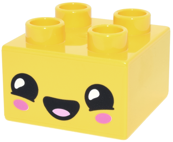 Duplo, Brick 2 x 2 with Face with Black Eyes, Lower Eyelids, Dark Pink Ovals on Cheeks, Open Mouth Smile with Bright Pink Tongue Pattern