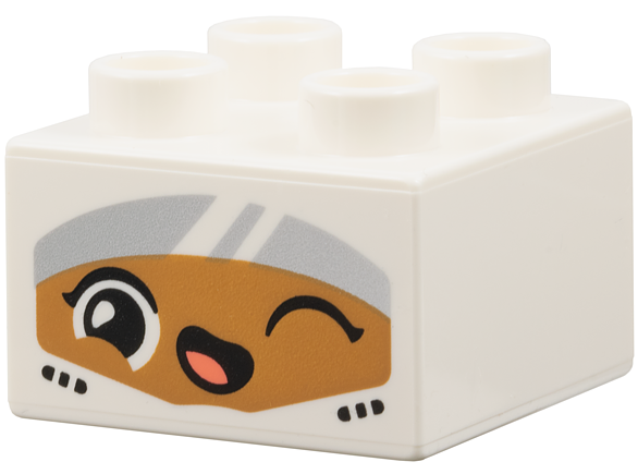 Duplo, Brick 2 x 2 with Seat Belts, Medium Nougat Face with Black Eyes, Wink, Lopsided Open Mouth with Coral Tongue and Silver Visor Pattern