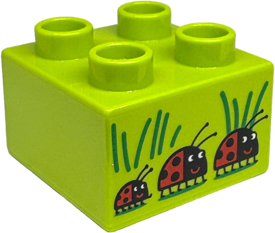 Duplo, Brick 2 x 2 with 3 Black and Red Ladybugs and Green Grass Blades Pattern